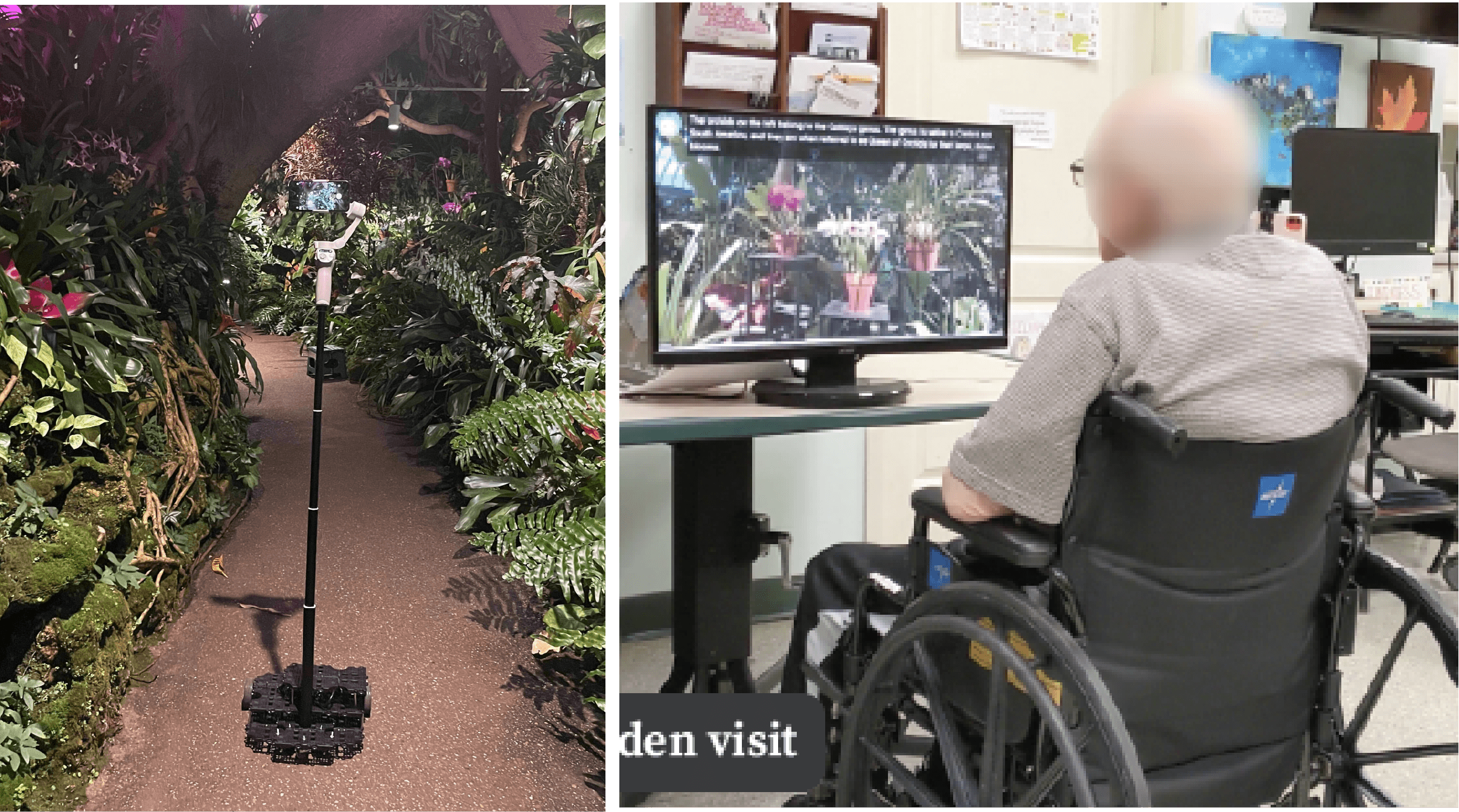 A person sitting in a wheelchair in front of a monitor and talking to a remote conversational telepresence robot.